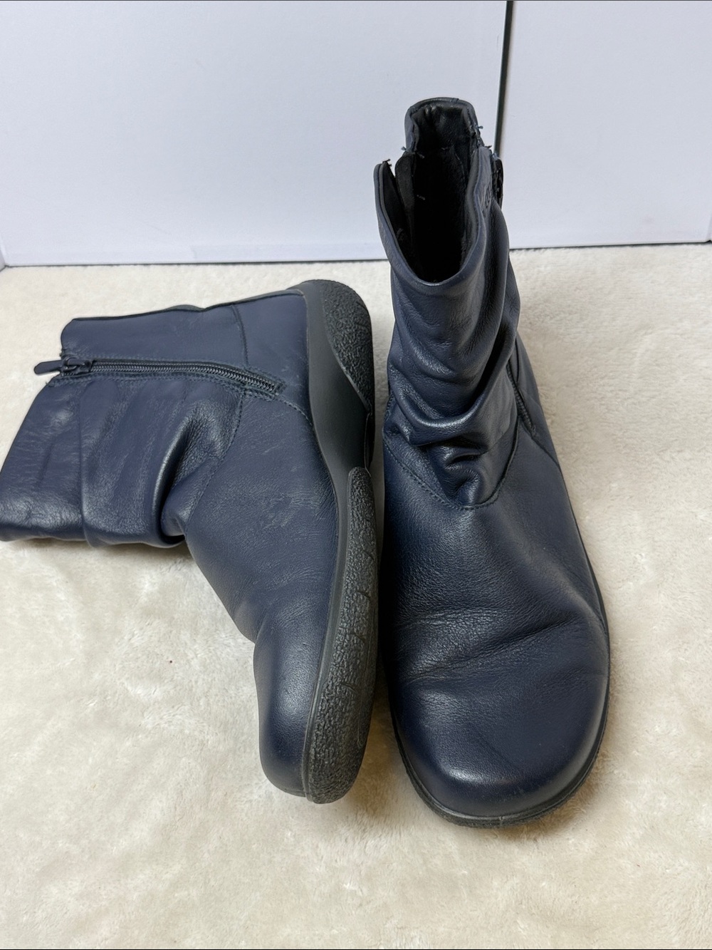 Hotter Whisper Navy Blue Leather Slouch Ankle Boots Zip Comfort Ergonomic sz 8